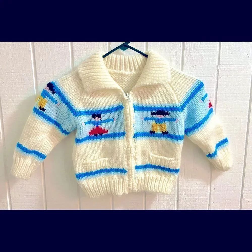 Vintage Handmade Child’s Knitted Sweater W Cowgirl/Boy Print Full Zip Cardigan.